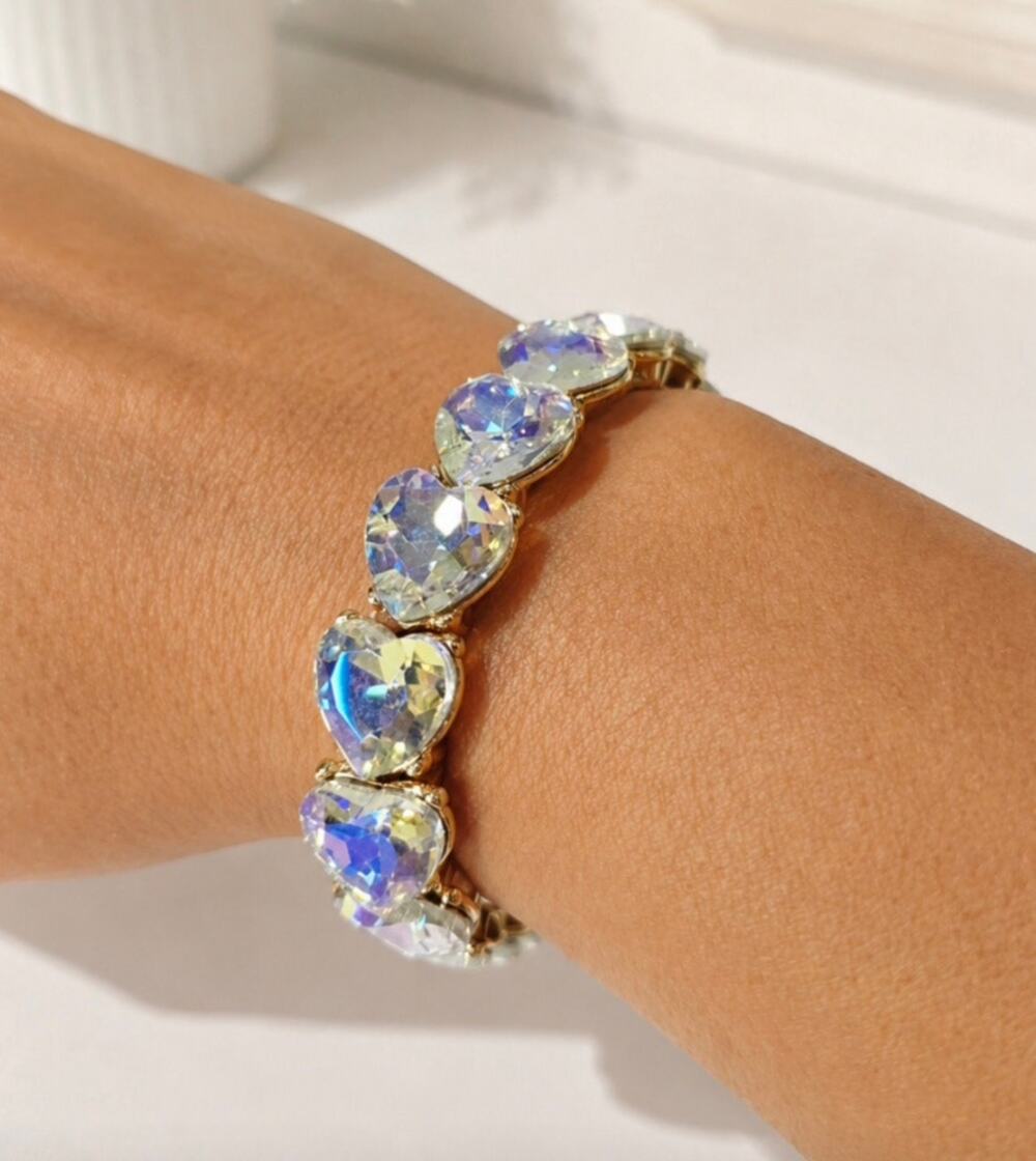 Gold Glass AB Heart Stone Stretch Bracelet New